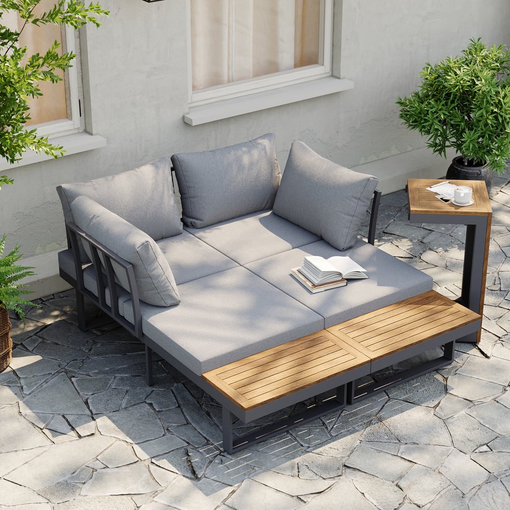 4 Seater Modular Outdoor Acacia Sectional Sofa Set with Cushion and Table, 3 PCS Versatile L-Shaped Garden Lounge Sofa Patio Furniture Set｜Homary