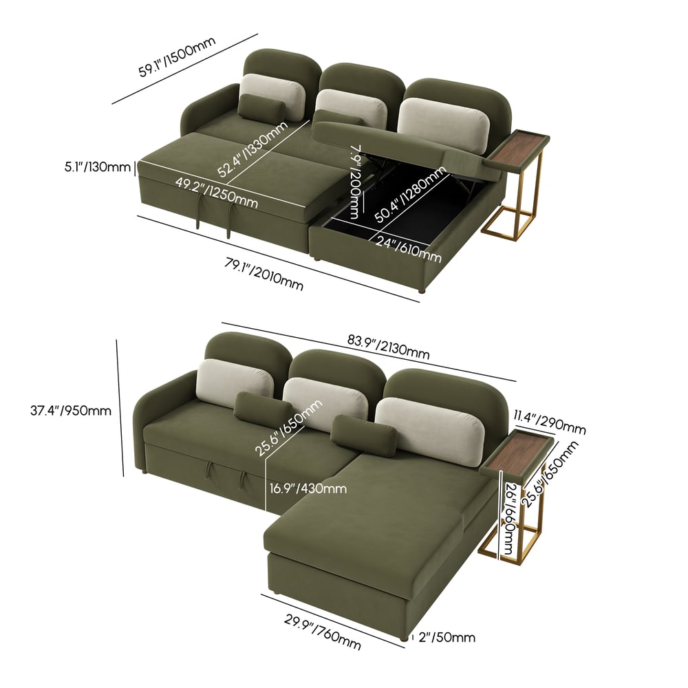 Modern Green L Shape Convertible Sofa Bed with Storage & Side Table weights dimensions image