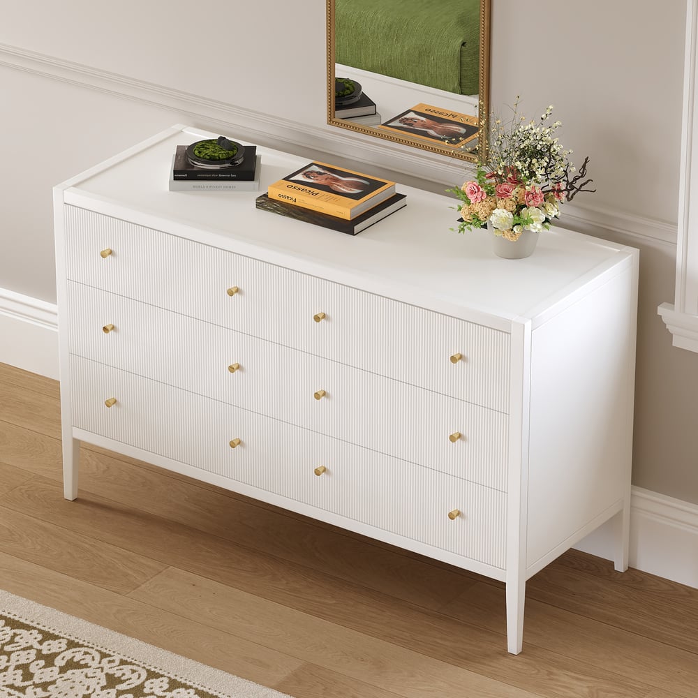 Stria White Fluted 6-Drawer Dresser & 2 Wide Nightstands Set Stria White Fluted 6-Drawer Dresser & 2 Wide Nightstands Set window image