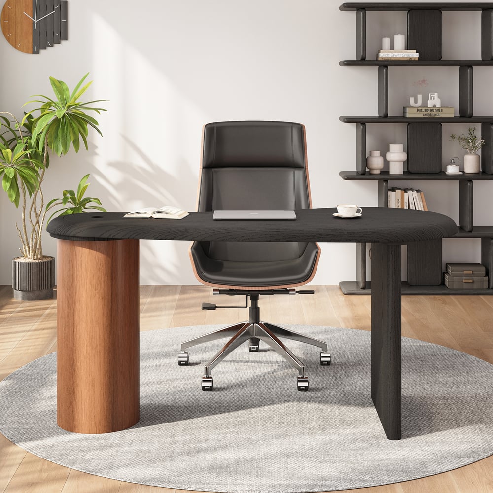 Vragen en antwoorden voor Gebogen houten bureau voor thuiskantoor met verborgen opbergruimte (150 cm)