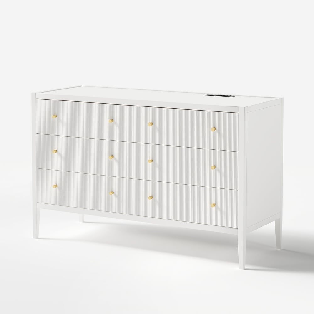 Stria White Fluted 6-Drawer Dresser & 2 Wide Nightstands Set Stria White Fluted 6-Drawer Dresser & 2 Wide Nightstands Set window image