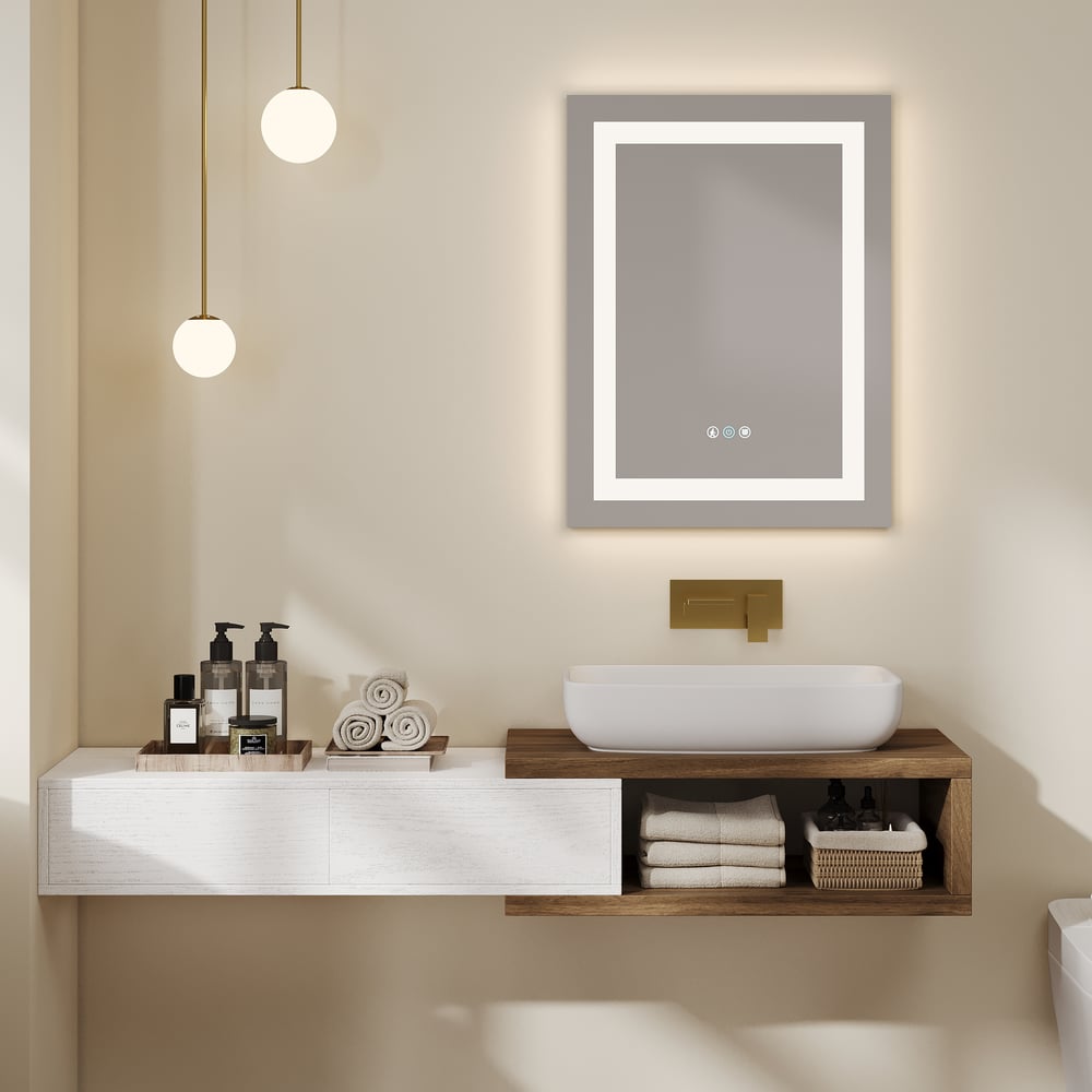 Avaliações de clientes sobre Espelho de banheiro LED sem moldura com controle de toque de 32 “x 24", antiembaçante e alto-falante Bluetooth