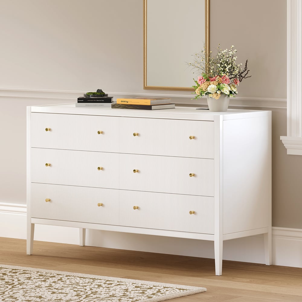 Stria White Fluted 6-Drawer Dresser & 2 Wide Nightstands Set Stria White Fluted 6-Drawer Dresser & 2 Wide Nightstands Set window image