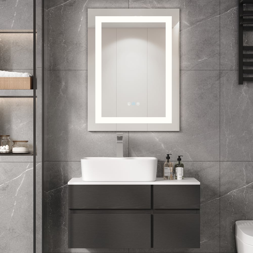 Avaliações de clientes sobre Espelho de banheiro LED sem moldura com controle de toque de 32 “x 24", antiembaçante e alto-falante Bluetooth