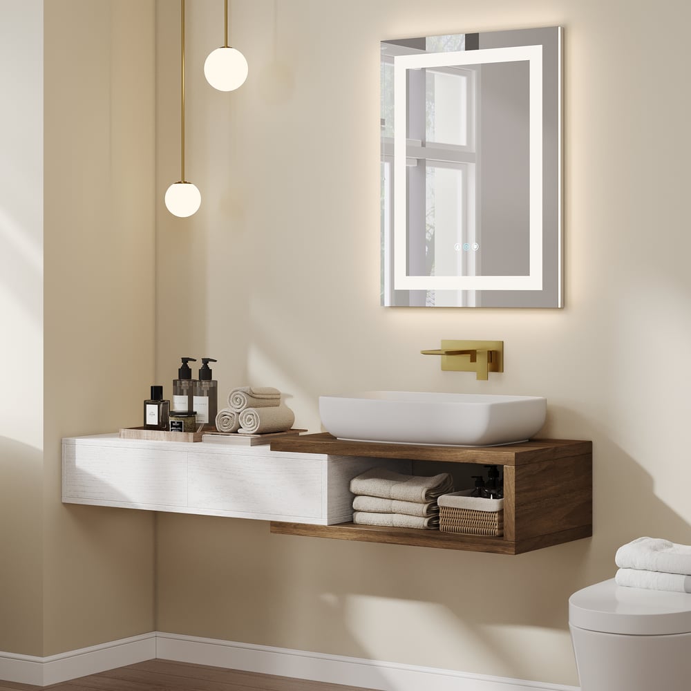 Avaliações de clientes sobre Espelho de banheiro LED sem moldura com controle de toque de 32 “x 24", antiembaçante e alto-falante Bluetooth