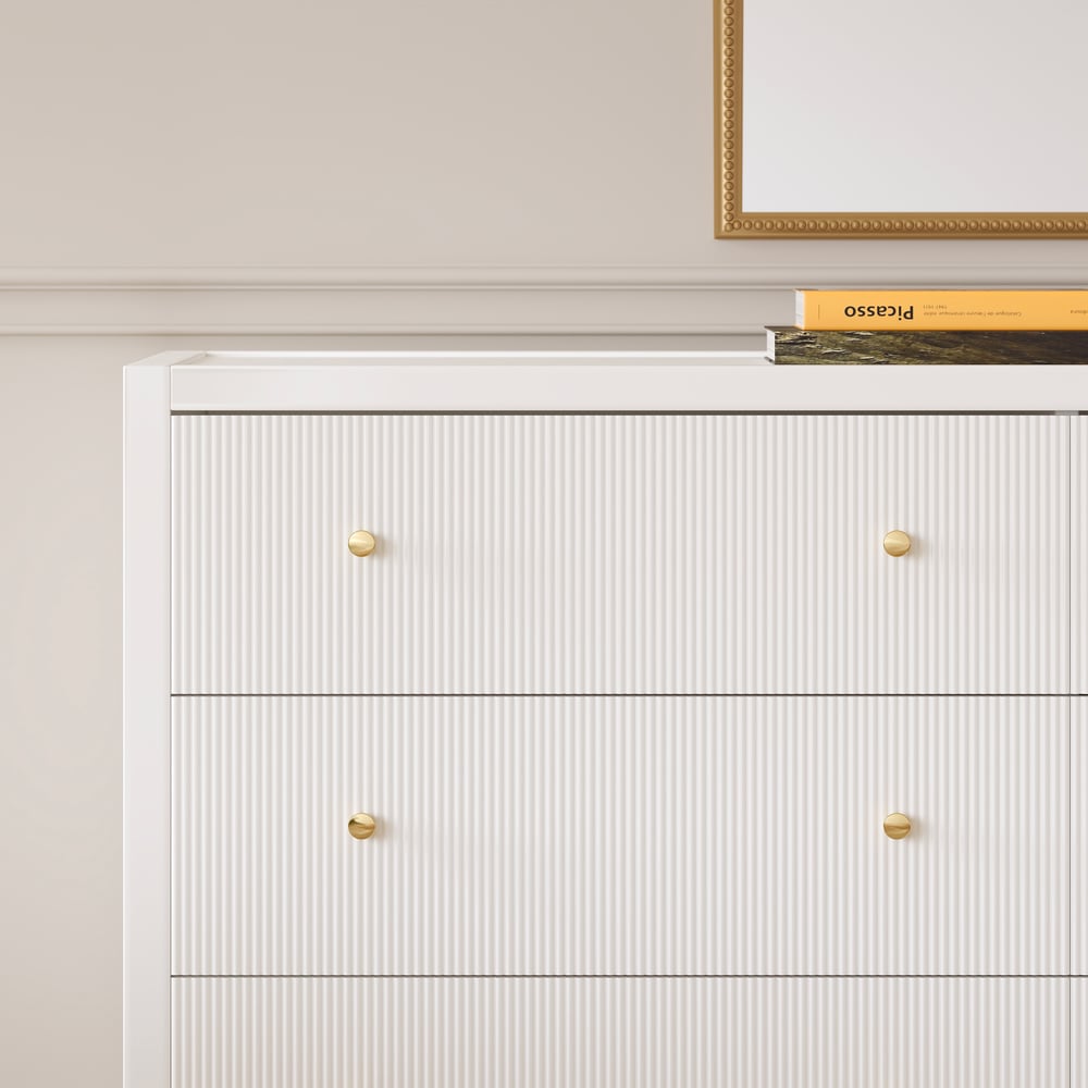 Stria White Fluted 6-Drawer Dresser & 2 Wide Nightstands Set Stria White Fluted 6-Drawer Dresser & 2 Wide Nightstands Set window image