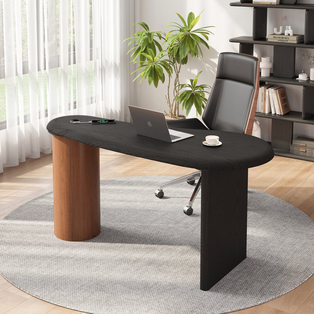 Vragen en antwoorden voor Gebogen houten bureau voor thuiskantoor met verborgen opbergruimte (150 cm)