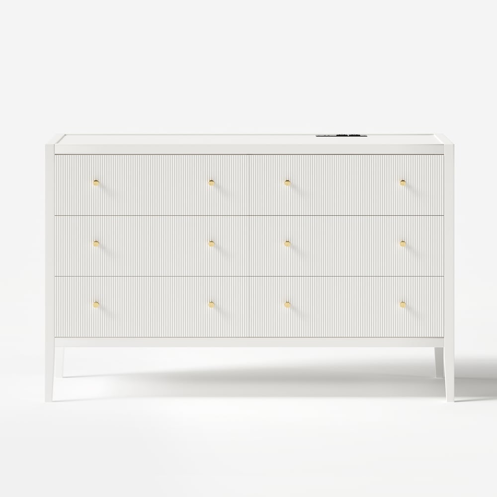 Stria White Fluted 6-Drawer Dresser & 2 Wide Nightstands Set Stria White Fluted 6-Drawer Dresser & 2 Wide Nightstands Set window image