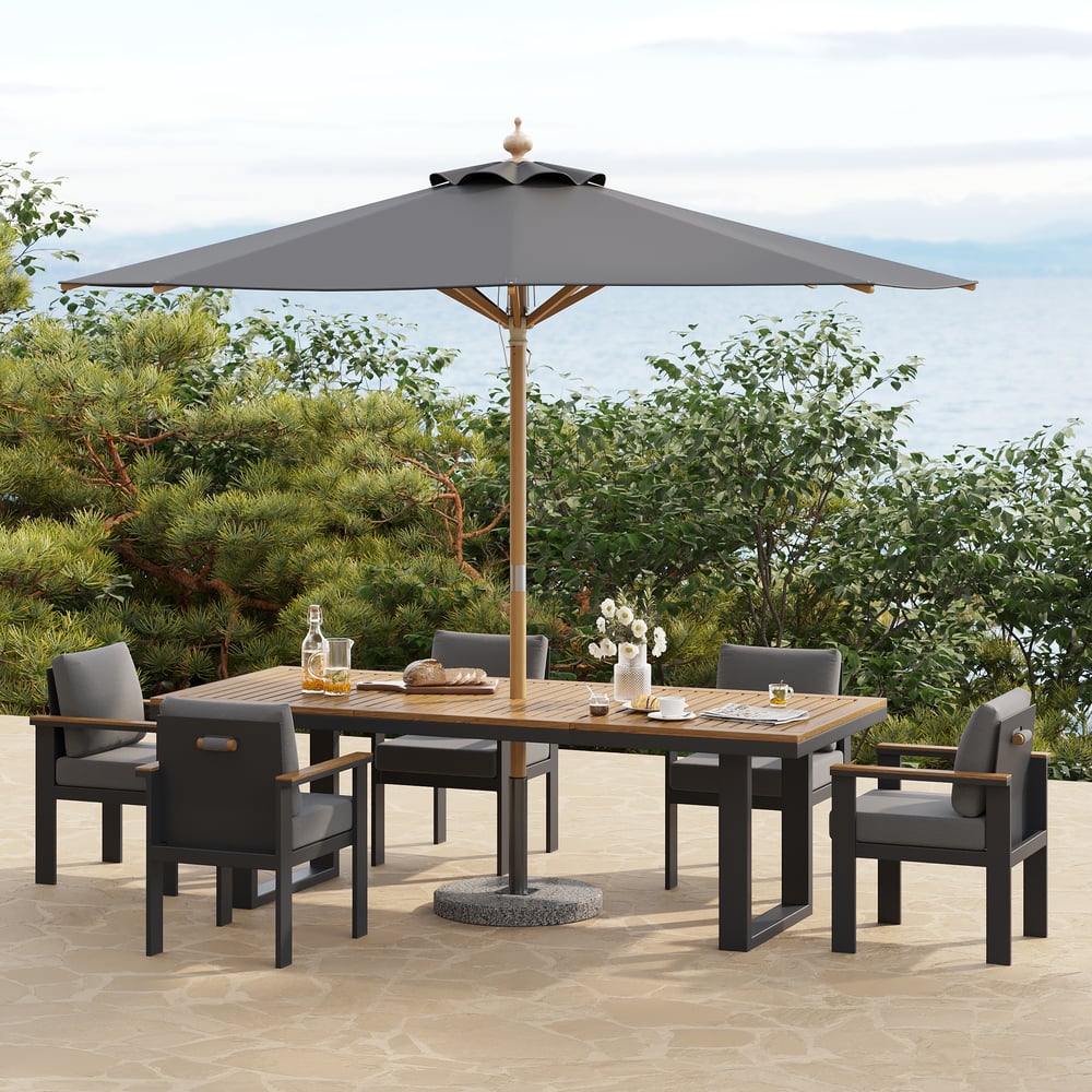 Questions and Answers for 8 Pieces Rectangle Wood & Aluminum Outdoor Patio Dining Set with Central Pillar Umbrella