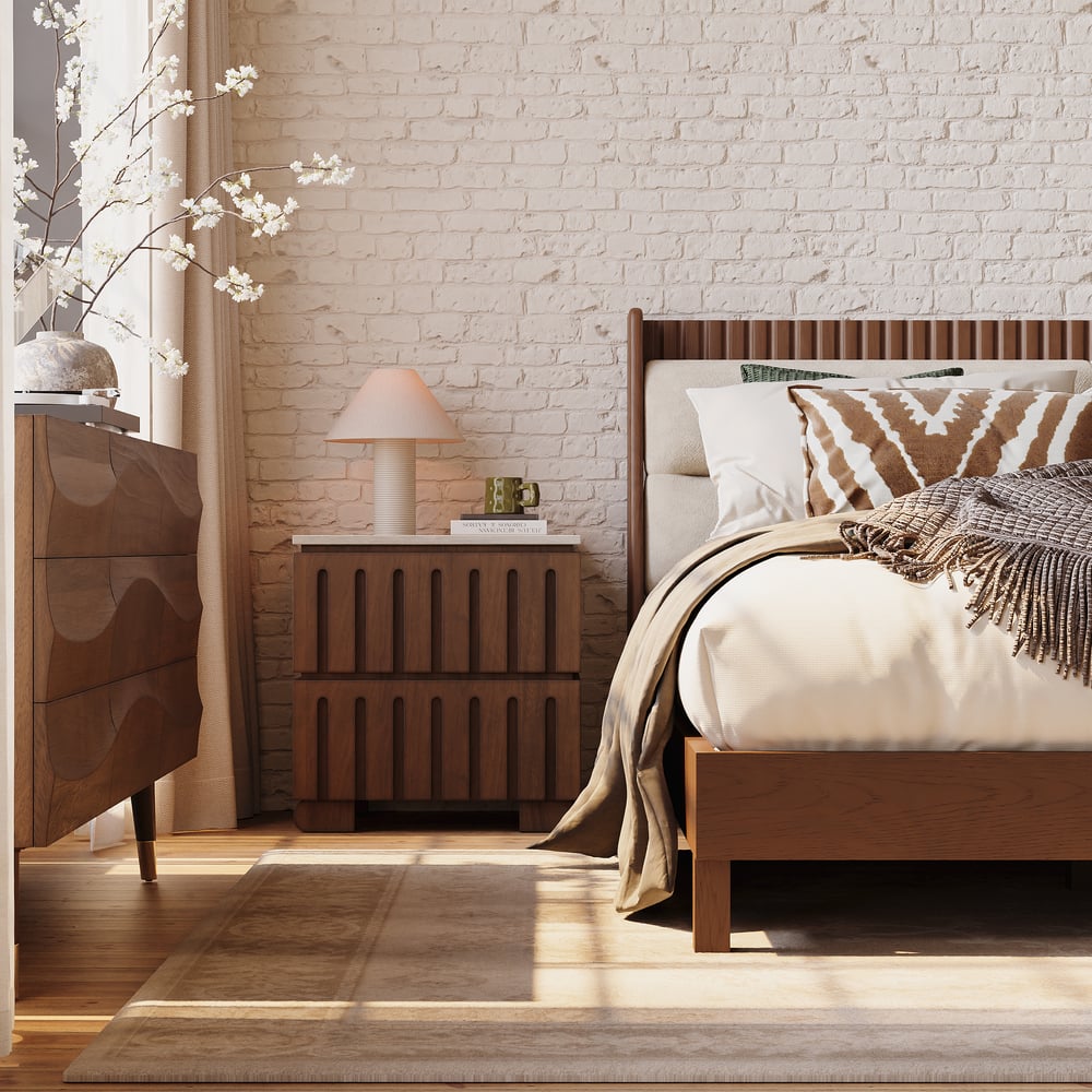 Modern Solid Wood King Upholstered Bed & 2 Drawer Ash Wood Nightstand Set window image