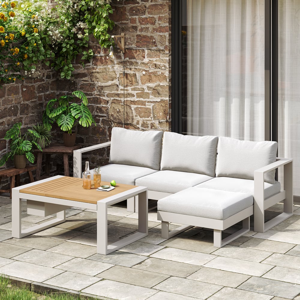 Fragen und Antworten zu 4-teiliges modulares Outdoor-Sofaset aus Aluminium und Akazie für 4 Personen in Hellgrau