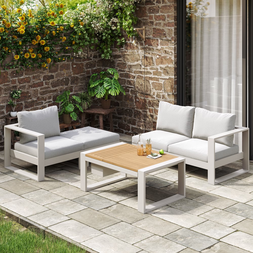 Fragen und Antworten zu 4-teiliges modulares Outdoor-Sofaset aus Aluminium und Akazie für 4 Personen in Hellgrau