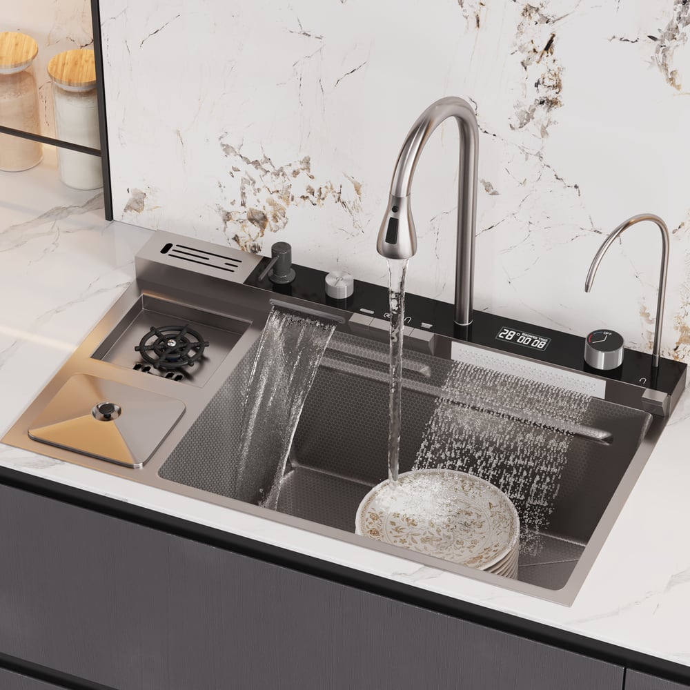 Questions et Réponses pour Évier de cuisine encastré noir de 820 mm avec robinet à cuve unique en acier inoxydable