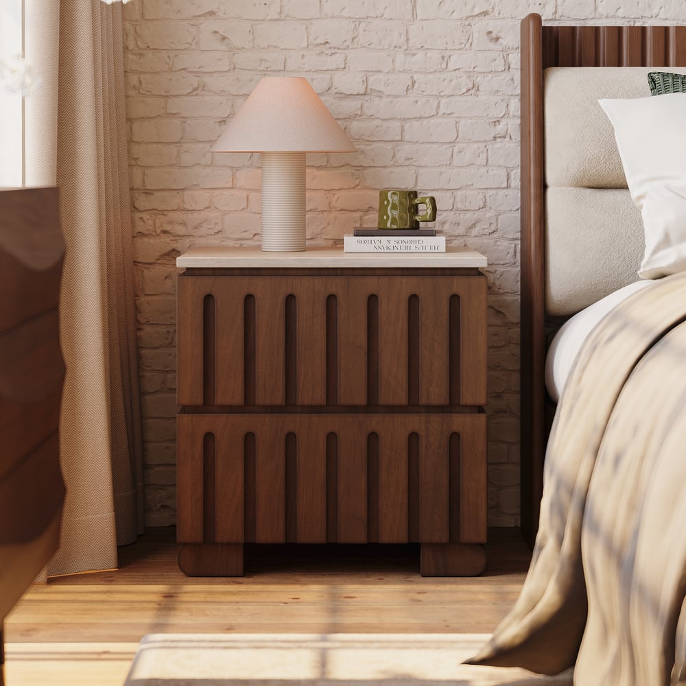 Hodnocení zákazníků pro položku Noční stolek z jasanového dřeva se 2 zásuvkami a deskou z umělého travertinu