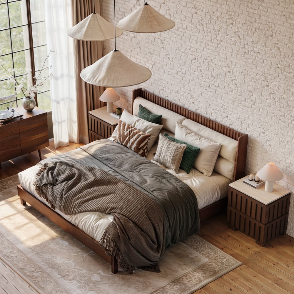 Modern Solid Wood King Upholstered Bed & 2 Drawer Ash Wood Nightstand Set window image