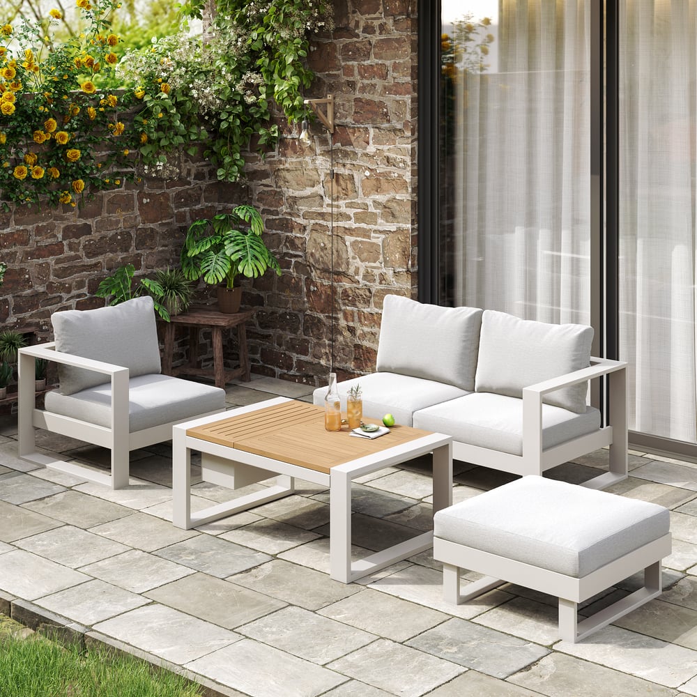 Fragen und Antworten zu 4-teiliges modulares Outdoor-Sofaset aus Aluminium und Akazie für 4 Personen in Hellgrau