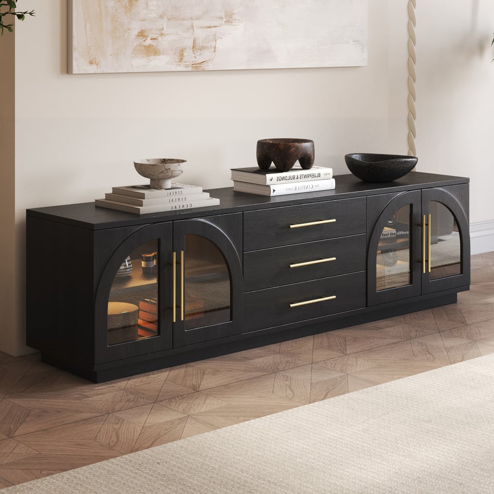 Questions and Answers for Arune 183cm Arched Glass Doors TV Stand with Storage and LED