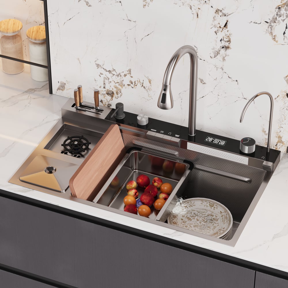 Questions et Réponses pour Évier de cuisine encastré noir de 820 mm avec robinet à cuve unique en acier inoxydable