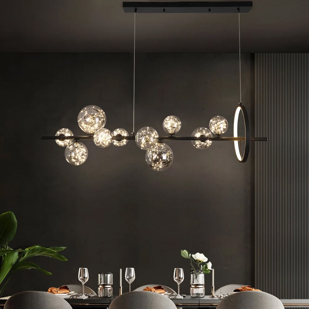 Perguntas e respostas para Luminária de ilha de cozinha preta moderna de 10 luzes com luminárias pendentes de teto Glass Globe Shade