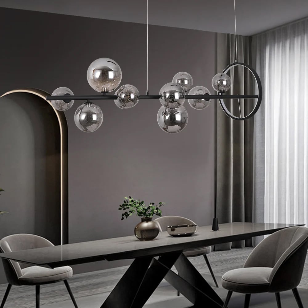 Perguntas e respostas para Luminária de ilha de cozinha preta moderna de 10 luzes com luminárias pendentes de teto Glass Globe Shade