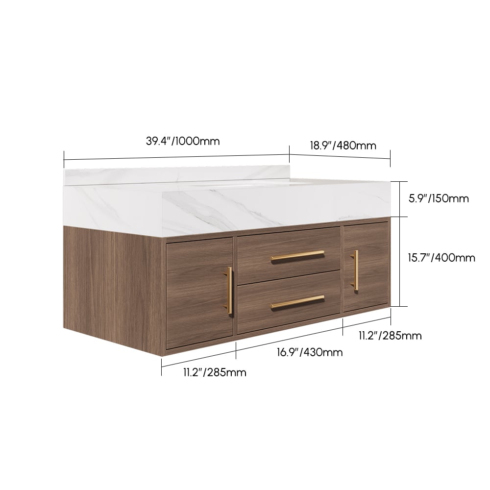 Bathroom Vanity Set 39.3" Modern Floating Stone Bathroom Vanity Walnut with Sink weights dimensions image