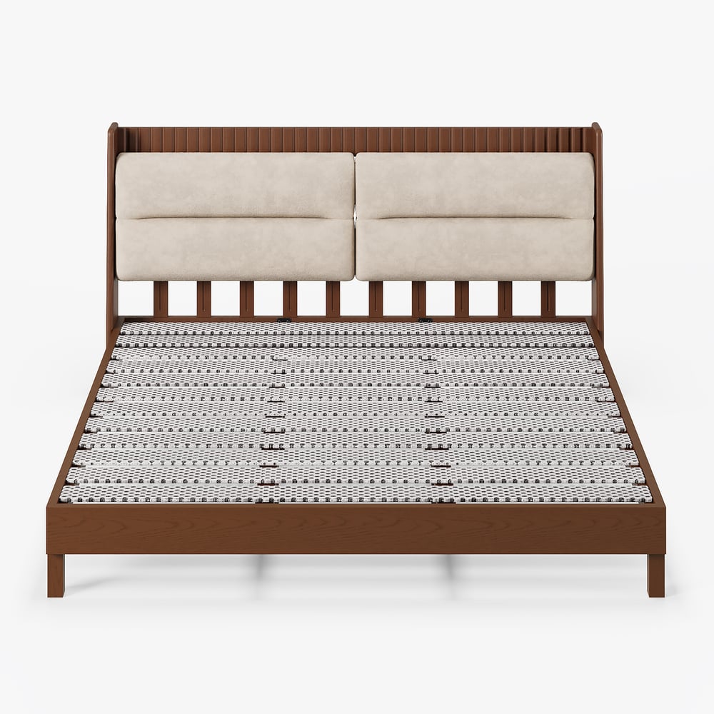 Modern Solid Wood King Upholstered Bed & 2 Drawer Ash Wood Nightstand Set window image