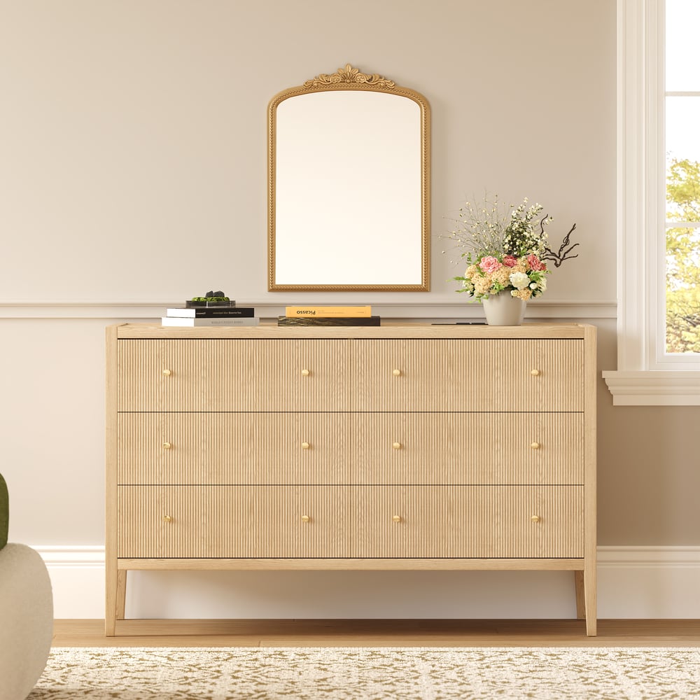 Stria Natural Fluted 6-Drawer Dresser & 2 Wide Nightstands Set Stria Natural Fluted 6-Drawer Dresser & 2 Wide Nightstands Set window image