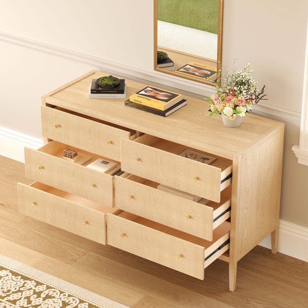 Stria Natural Fluted 6-Drawer Dresser & 2 Wide Nightstands Set Stria Natural Fluted 6-Drawer Dresser & 2 Wide Nightstands Set window image