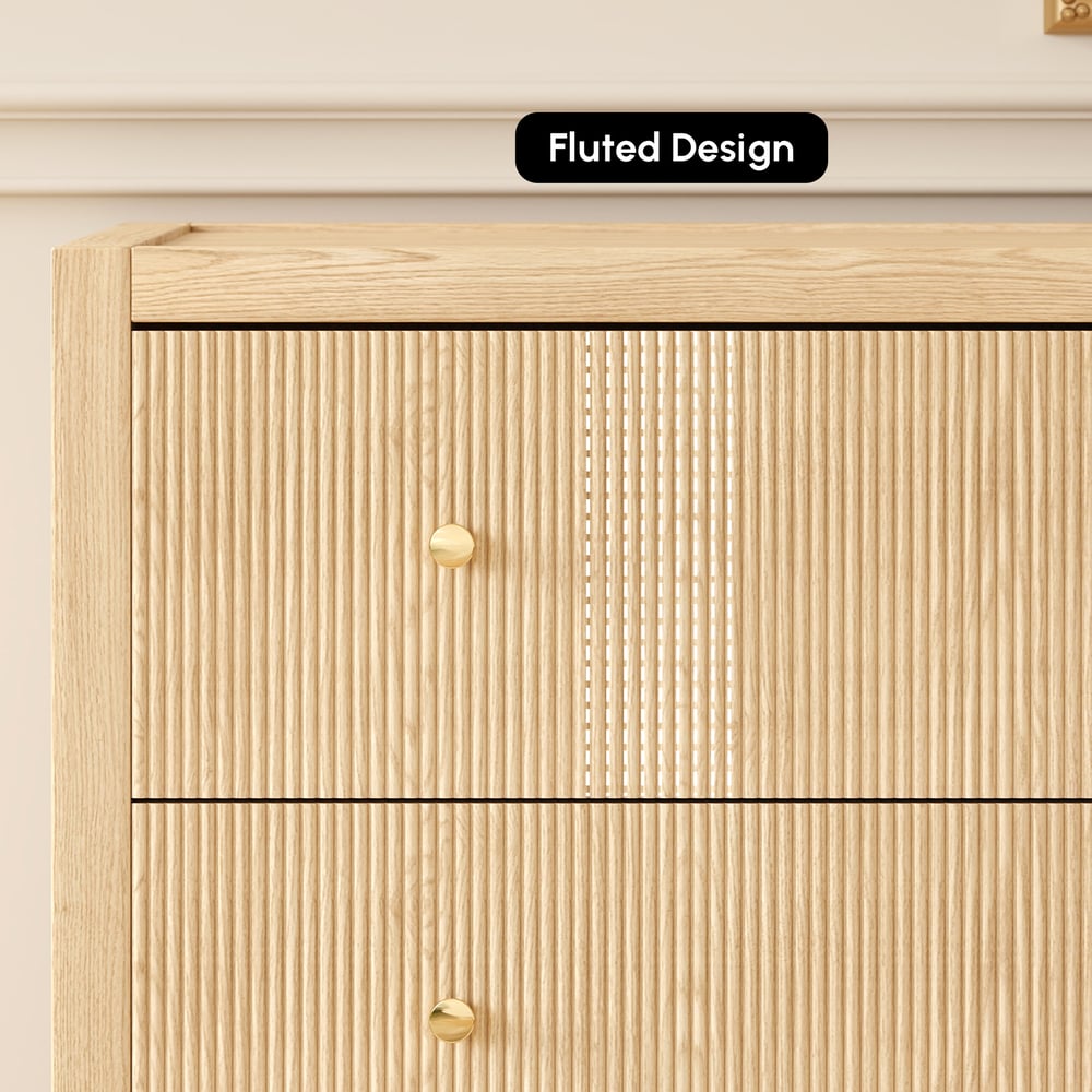 Stria Natural Fluted 6-Drawer Dresser & 2 Wide Nightstands Set Stria Natural Fluted 6-Drawer Dresser & 2 Wide Nightstands Set window image