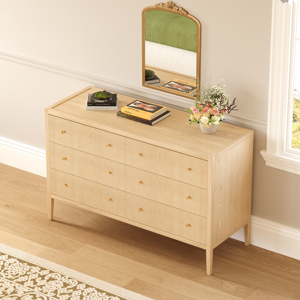 Stria Natural Fluted 6-Drawer Dresser & 2 Wide Nightstands Set Stria Natural Fluted 6-Drawer Dresser & 2 Wide Nightstands Set window image