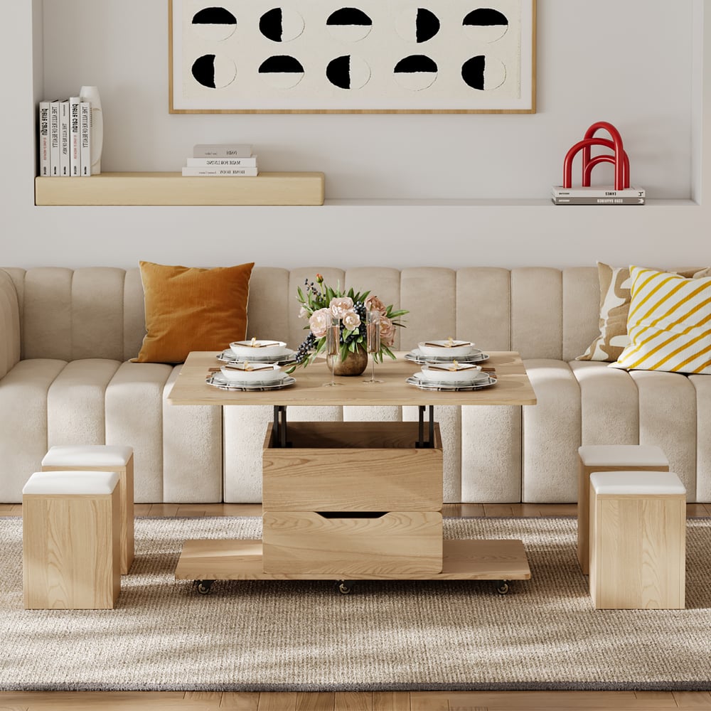 Questions et Réponses pour Table basse naturelle pliable à plateau relevable de 1000 mm avec 4 tabourets et rangement