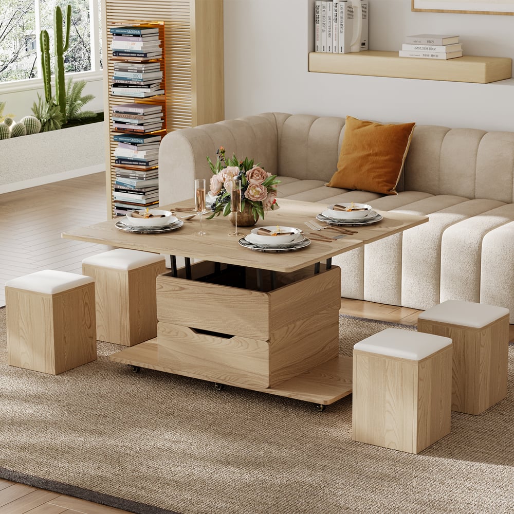Questions and Answers for 1000mm Lift-Top Foldable Natural Coffee Table with 4 Stools & Storage