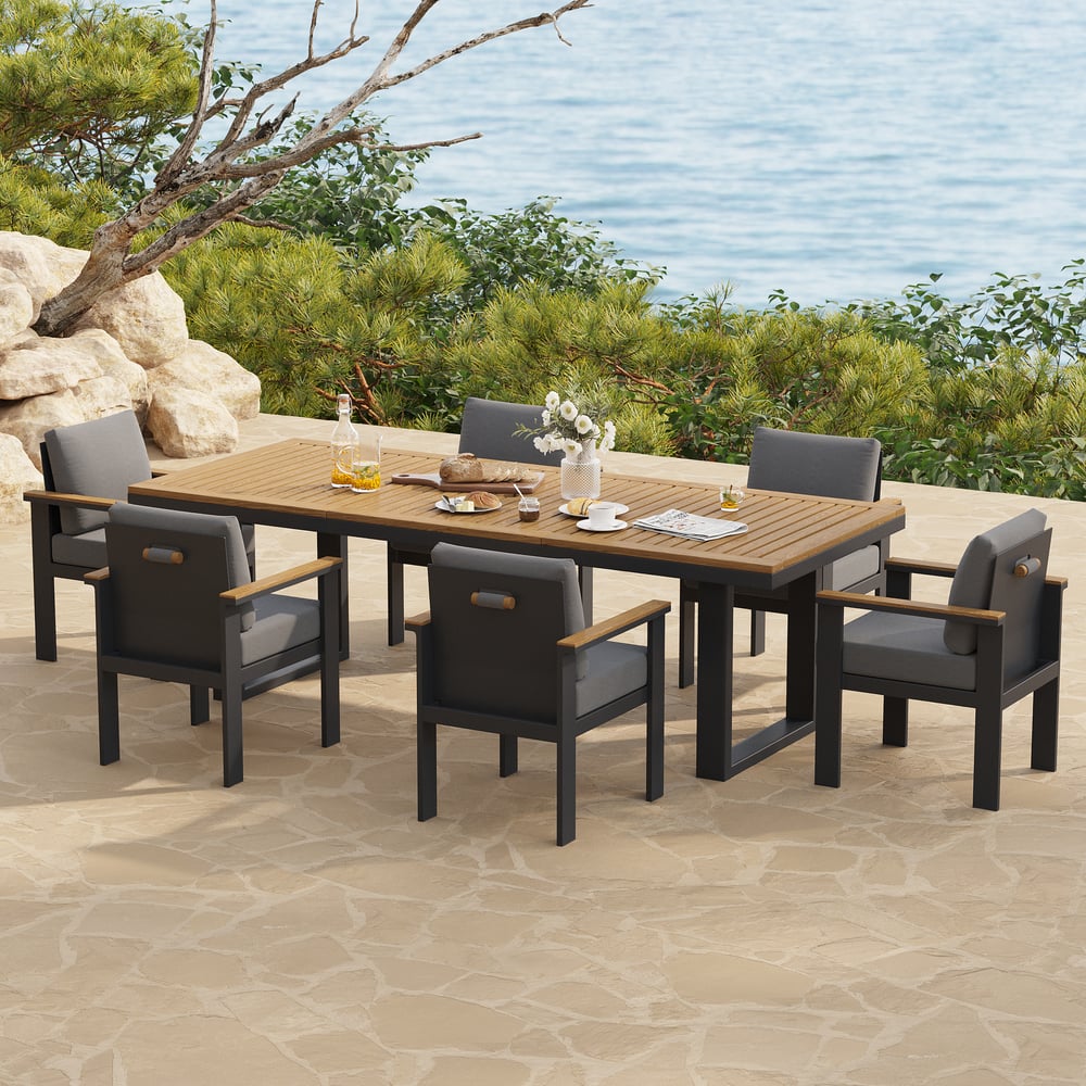 Reseñas de Clientes para Mesa rectangular de madera y aluminio para 6 personas, para patio exterior, 6 sillas de comedor