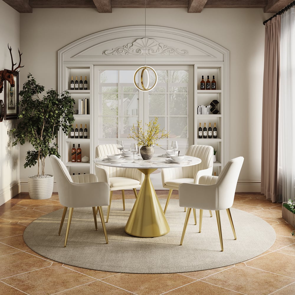 Pytania i odpowiedzi dla 39-calowy okrągły stół jadalny ze spiekanym kamieniem z siedzeniami ze szczotkowanego złota 2 osoby