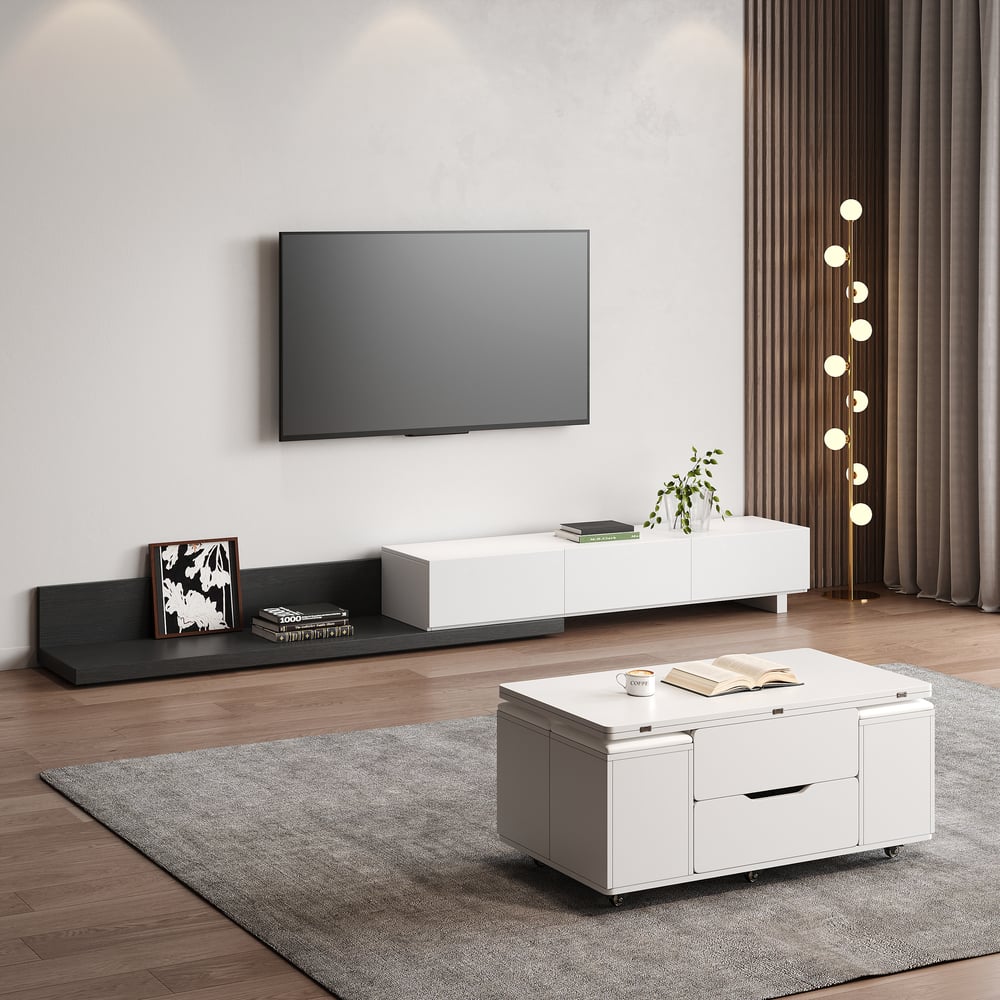 Questions et Réponses pour Meuble TV extensible rectangulaire en bois et ensemble de table basse blanche à plateau relevable avec rangement