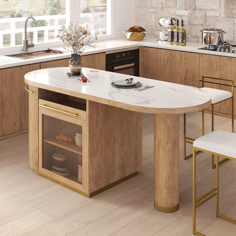 Avis Clients sur Îlot de cuisine moderne de 1830 mm avec dessus en pierre frittée et grand espace de rangement