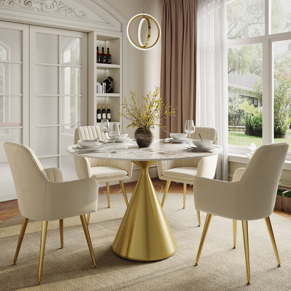 Pytania i odpowiedzi dla 39-calowy okrągły stół jadalny ze spiekanym kamieniem z siedzeniami ze szczotkowanego złota 2 osoby