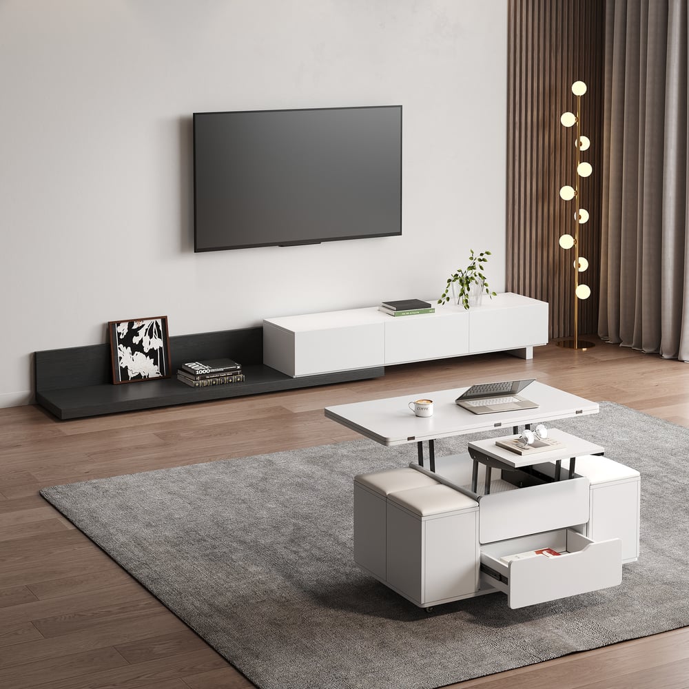 Questions et Réponses pour Meuble TV extensible rectangulaire en bois et ensemble de table basse blanche à plateau relevable avec rangement