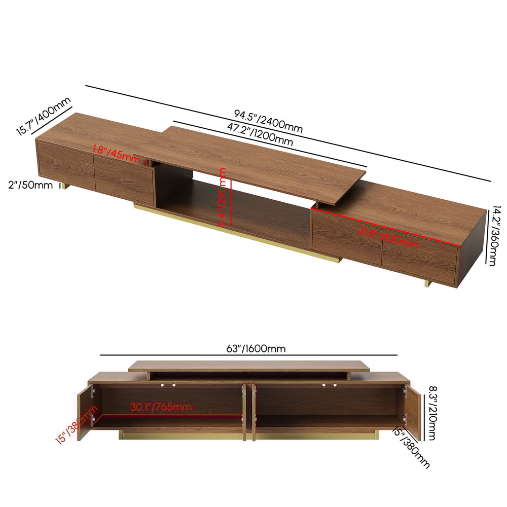 Mordelle Glossy Walnut Extendable TV Stand & Coffee Table Set weights dimensions image