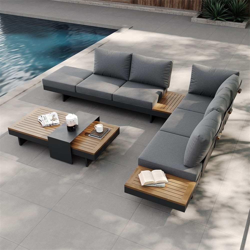 Questions and Answers for Tevara 4-Piece Garden Teak & Aluminium Modular Sofa Set with Coffee Table for 6 in Grey