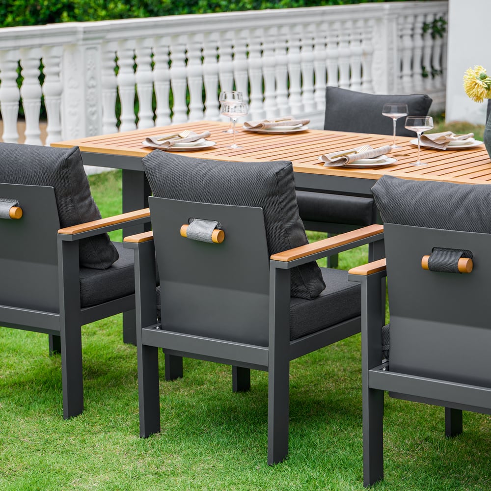 Questions and Answers for 8 Pieces Rectangle Wood & Aluminum Outdoor Patio Dining Set with Central Pillar Umbrella