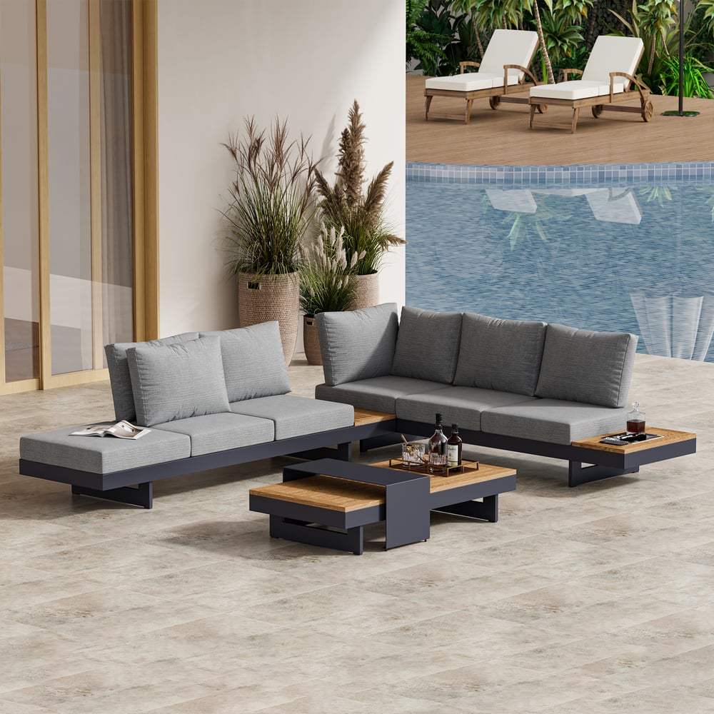 Customer Reviews for 4-Pieces Modular Aluminum & Teak Outdoor Sofa Set with Covers for 6 Person in Gray
