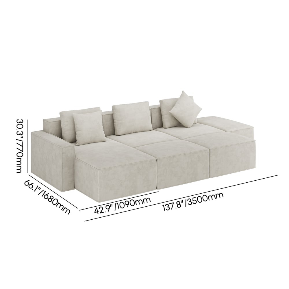 138" 6-Piece Cotton & Linen Modular Chaise Sectional Sofa with Ottomans weights dimensions image