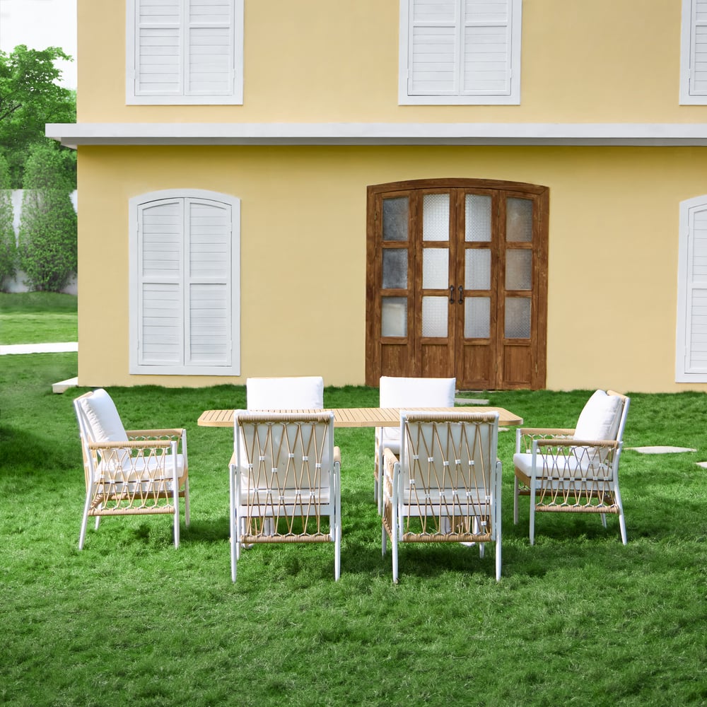 Customer Reviews for Ropipe 7-Pieces Woven Rope Outdoor Dining Sofa Set in Khaki & White For 6