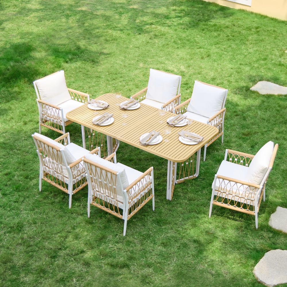 Customer Reviews for Ropipe 7-Pieces Woven Rope Outdoor Dining Sofa Set in Khaki & White For 6