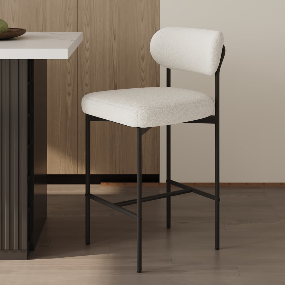 Vragen en antwoorden voor Moderne boucle witte aanrechtkruk set van 2 met rug- en voetsteun