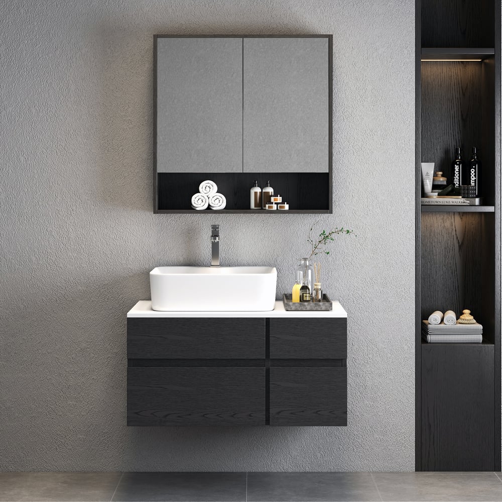 Avis Clients sur Armoire à miroir noire avec rangement 700 mm x 700 mm