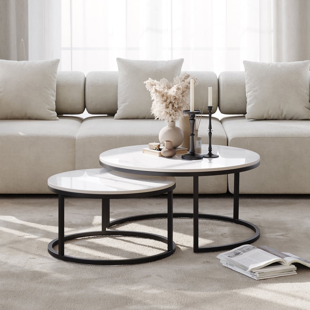 Recensioni dei clienti per Tavolo da salotto rotondo in 2 pezzi Fero Moderner in pietra sinterizzata e metallo in marmo ottico