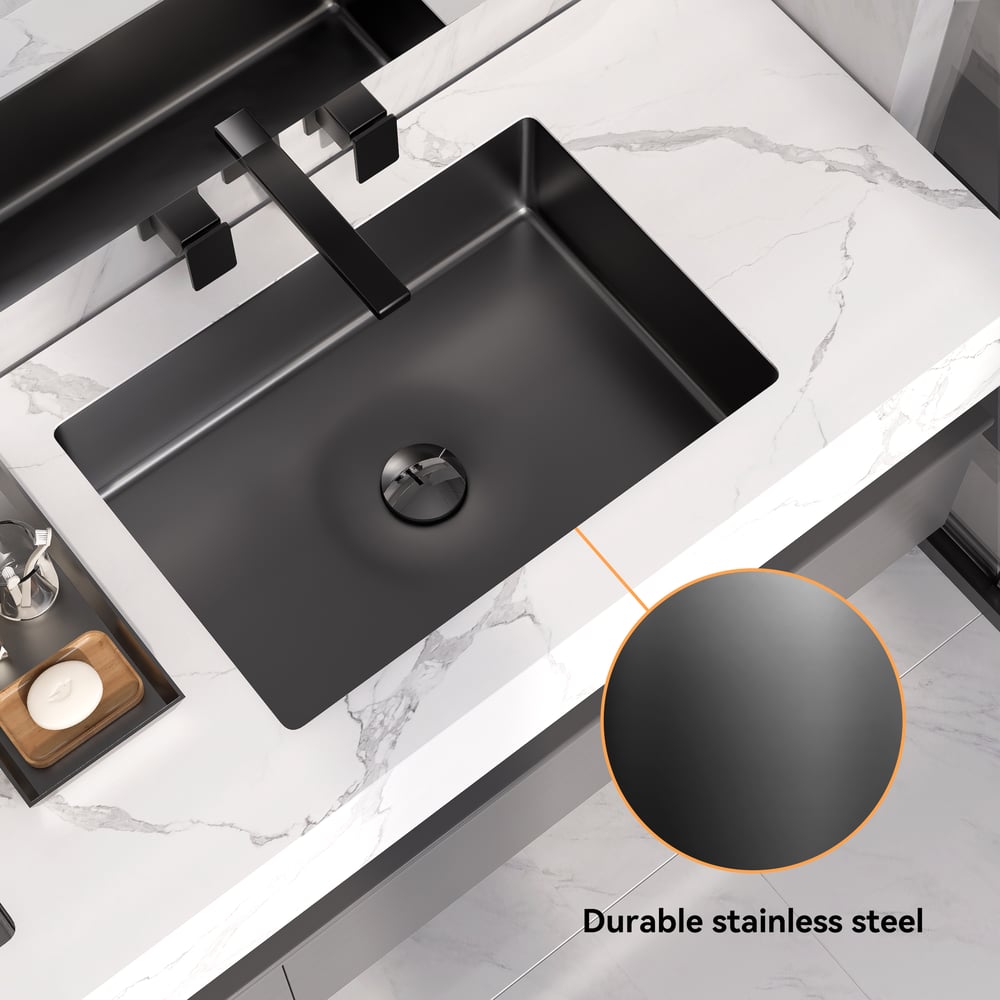 Questions et Réponses pour Évier rectangulaire en acier inoxydable moderne noir Lavabo de salle de bain encastré
