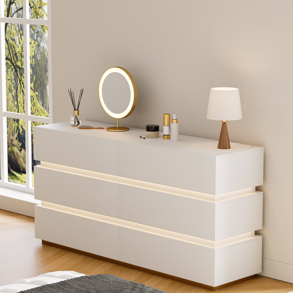 Avis Clients sur Commode LED blanche moderne à 6 tiroirs Lumio, 1500 mm, armoire de rangement pour chambre à coucher